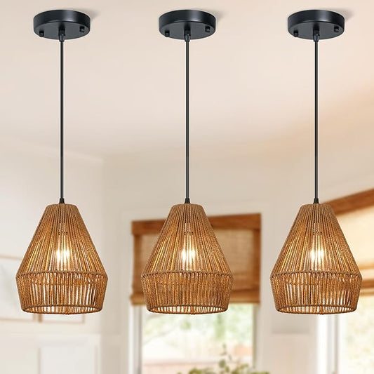 3 Packs Rattan Pendant Light, 9” Boho Black Hanging Light Fixture Kitchen Island, Natural Hand-Woven Pendant Light, Adjustable Farmhouse Chandelier For Sink Island Bar Foyer Bedroom Dining Room