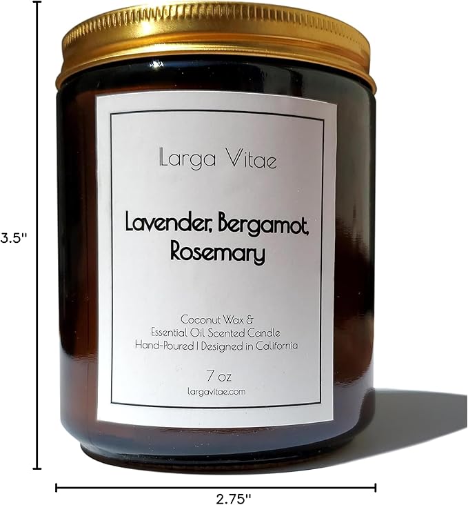 Lavender, Bergamot, Rosemary Coconut Wax Candle Non Toxic Aromatherapy Candle with Essential & Prime Rated Natural Fragrance Oils, Clean Burning Amber Jar Candle, 7 oz Small Batch