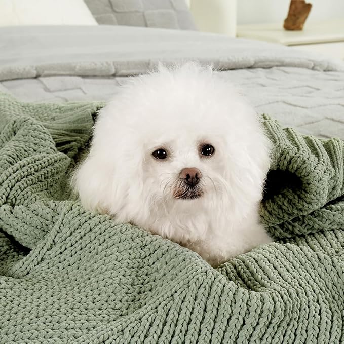 Amélie Home Chevron Chenille Knit Throw Blanket for Couch, Cozy Texture Decorative Soft Blanket for Sofa & Chair, 50"x60", Sage Green