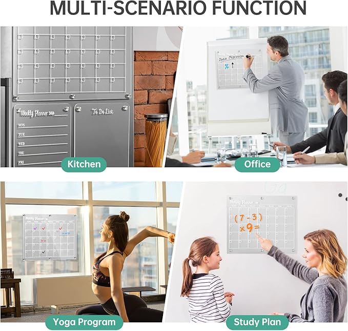 Acrylic Magnetic Dry Erase Board for Fridge，Set of 3 Transparent Planning Boards for Monthly Calendar, Weekly Includes 6 Dry Erase Markers, 1 Eraser and Magnetic Pen Holder