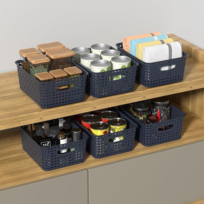 Sadstory Plastic Weave Storage Baskets, Plastic Organizer Shelf Basket, Navy-Blue, 12 Packs