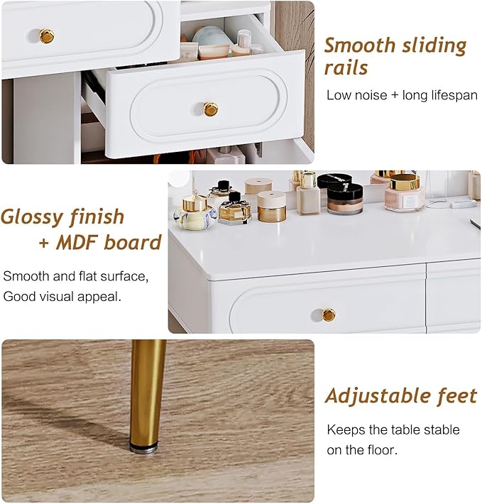 Vanity Desk with Mirror and Lights, with Power Outlet and 10 Lights Modern Capacity Makeup Vanity with 3 Drawers, Makeup Table for Bedroom,Makeup Room,White