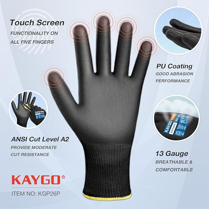 Cut Resistant Gloves PU Coated, 12 Pairs Safety Work Gloves with full fingers Touchscreen, ANSI Cut Level A2, for Men and Women, Ideal for General Duty Work KG11P, Black,M