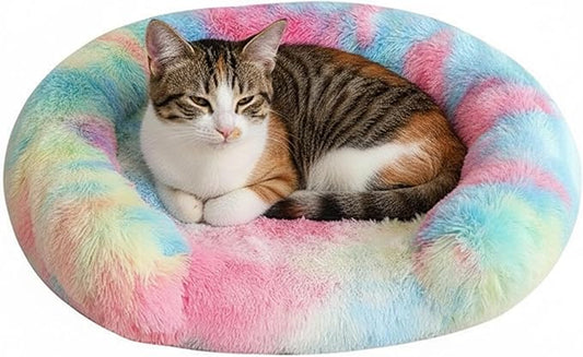 Fluffy Dog Bed Calming Donut Beds for Large Dogs Warming Round Small Medium Pet Nest Cozy Cat Mattress Indoor Washable Puppy Kennel Kittens Sleep Mat (XS, 20×20 inch, Rainbow)