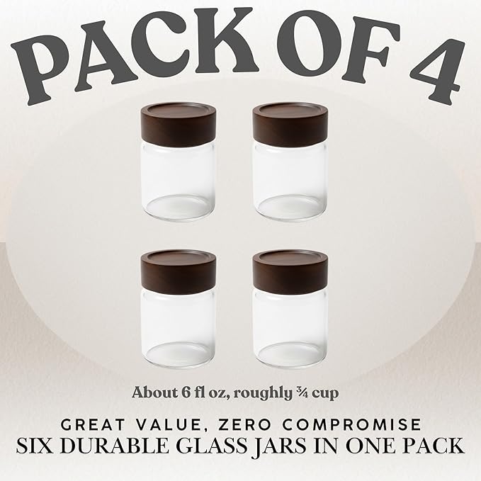 Wide Mouth Glass Storage Jars With 2.5" Acacia Wood Lids - 4 Pack of 6 Oz Food Storage Containers - Borosilicate Glass Canisters Sets For Kitchen - Pantry Organizers and Storage for Rice Coffee Beans