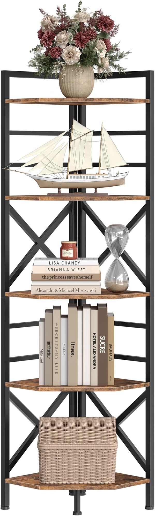 69.3" Corner Shelf 5-Tier, Large Corner Shelving, Freestanding Storage Stand for Bedroom, Living Room, Kitchen, Industrial Engineered Wood Bookshelf Organizer, Rustic Brown and Black TCJ15BF