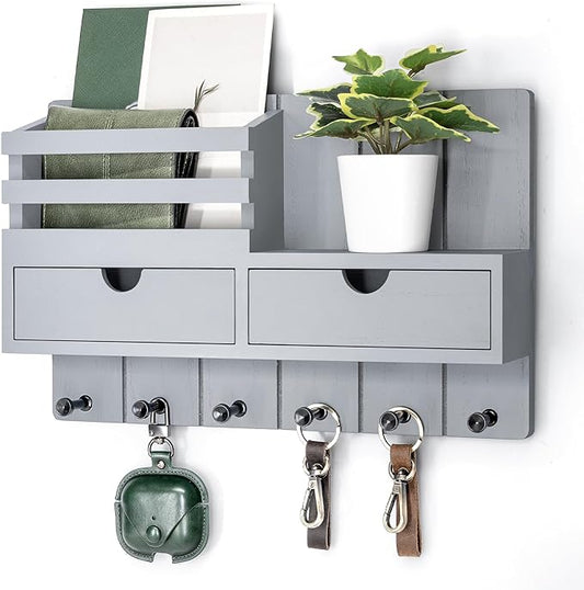 Rebee Vision Decorative Key Holder Wall Mount for Aesthetic Room Decor - Stylish Mail Holder for Wall with 2 Drawer Organizer and 6 Key Hooks - Modern Apartment Essentials (Gray)