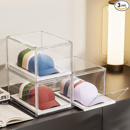 Hat Organizer Cap Box, Stackable Clear Baseball Caps Holder Containers with Magnetic Door for Hats Snapback Cap Storage, Pull Out Drawer Hat Rack Display Case (3pack)
