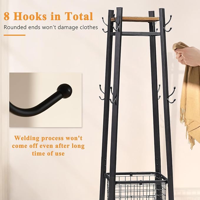 VECELO Coat Rack Freestanding,Hall Tree with Metal Basket and Storage Shelves,Industrial Coat Rack Stand with 8 Hooks for Hanging Coats/Hats/Bags/Umbrellas,18 x 18 x 72 In,Vintage Brown