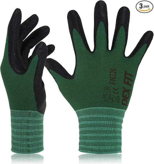 DEX FIT Premium Nylon Nitrile Work Gloves FN320, 3 Pairs, 3D-Comfort Stretchy Fit, Firm Grip, Thin & Lightweight, Durable, Breathable & Cool, Machine Washable; Forest Green 6 (XS)