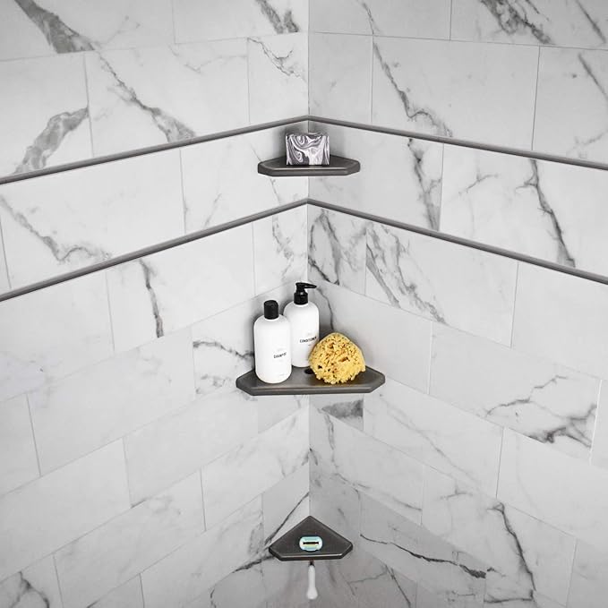 Questech 8" Corner Shower Shelf, Retrofit Shower Organizer for Tile Walls, Corner Caddy Soap Dish Bathroom Storage, Geo Flatback, Brushed Nickel Finish