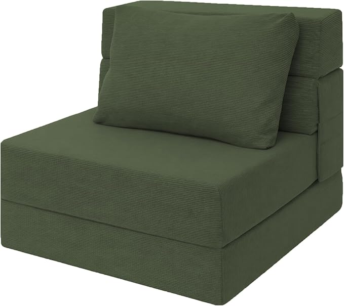 Sofa Bed Foldable Mattress ，Folding Sleeper Sofa Chair Bed Floor Mattress with Pillow for Living Room Home Office (Green-Corduroy, Single)
