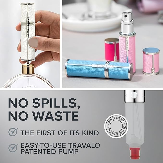 Milano Perfume Atomizer Bundle - Leak-Proof and TSA Approved for Air Travel - Reusable, Easy Fill Mini Pump Sprayer - Vegan Leather w/Polished Metal - White, Aqua, Perfect Pink - 3 Pack