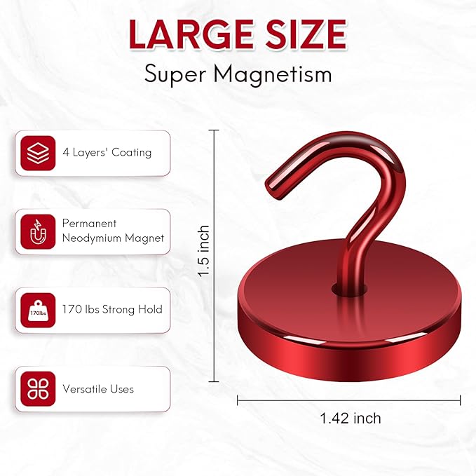 Neosmuk Magnetic Hooks, Heavy Duty 170lb Strong Magnets for Cruise Cabins, Ship Essentials, Large Metal Hooks for Hanging on Fridge(Red,Pack of 4)