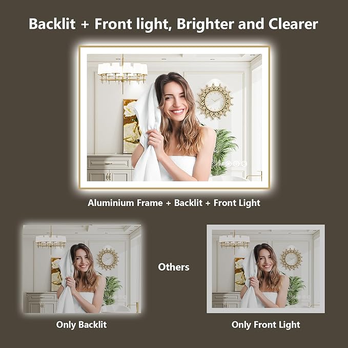 48x40 Inch LED Bathroom Mirror with Lights (Front Lit and Backlit) Gold Framed Lighted Vanity Mirror for Bathroom Wall Dimmable Anti-Fog Memory Tempered Glass Horizontal/Vertical