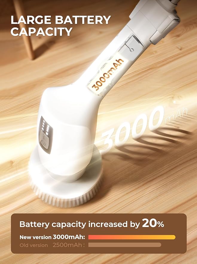 Electric Spin Scrubber, Cordless Cleaning Brush Shower Scrubber with 9 Replaceable Brush Heads 3 Speeds Extension Handle for Bathroom, Shower, Bathtub, Floor, Tile, Kitchen, Pool (1, White)