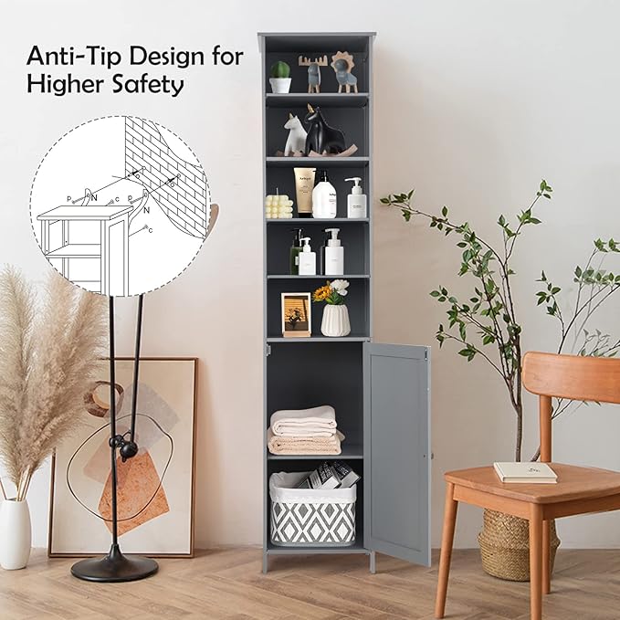 HAPPYGRILL Tall Bathroom Storage Cabinet, 72” Slim Bathroom Cabinet Organizer with 5 Open & 2 Adjustable Shelves, Anti-Tilt Design, Freestanding Storage Cabinet for Bathroom Living Room (Grey)