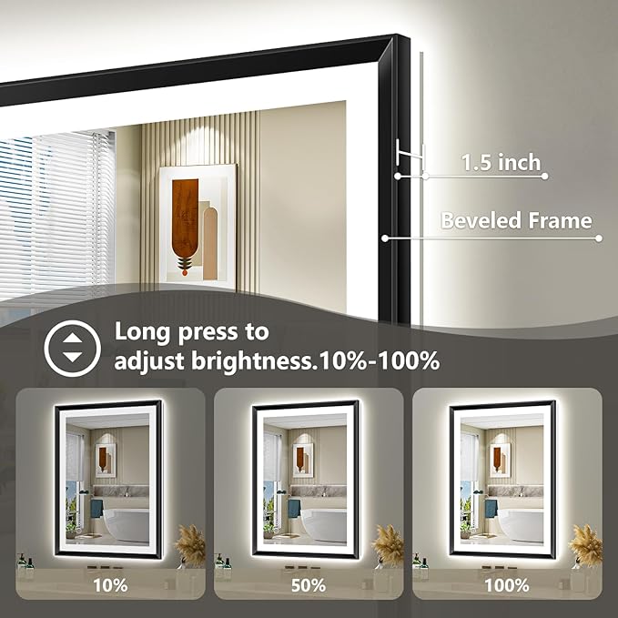 40x30 Black Framed LED Bathroom Mirror with Lights, Backlit and Front Light, Lighted Bathroom Vanity Mirror for Wall Dimmable Anti-Fog Memory Tempered Glass Horizontal/Vertical