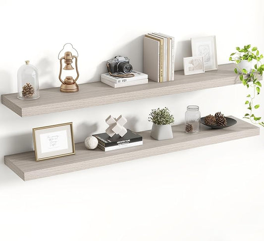 48 Inch Floating Shelves, 8 Inch Deep Floating Shelves for Wall, Hanging Shelf with Invisible Brackets, Deep Shelves for Bathroom, Bedroom, Living Room, Grey, Set of 2