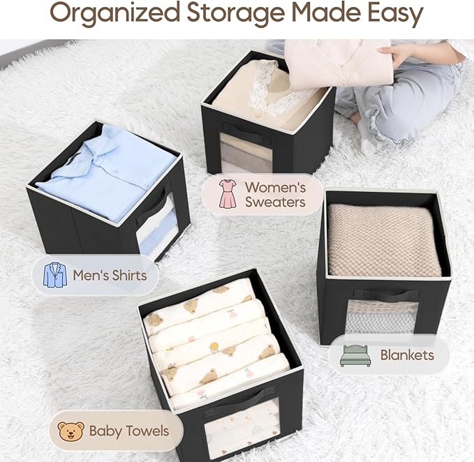 Cube Storage Bins - Fabric Shelves for Closet Organization, Foldable Storage Bins for Clothes, Decorative Storage Baskets with Window for Home, Set of 6, Black
