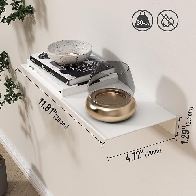Danpoo White Floating Shelves for Wall Storage, Metal Wall Shelves for Living Room, Bathroom, Kitchen, 12” Small Display Shelves for Collectibles(2 PCS)