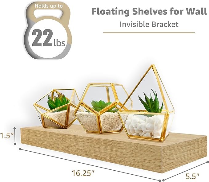 Sorbus Floating Shelves for Wall – 16 Inch Floating Shelf for Kitchen, Bedroom, Living Room, Bathroom, Home & Wall Decor - Mounted Bathroom Shelves with Invisible Brackets (Maple Wood, 4 Pack)
