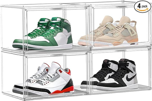 4 Pack Clear Shoe Storage Boxes Stackable Shoes Organizer Acylic Boots Sneaker Display Case with Magnetic Lid,Size14