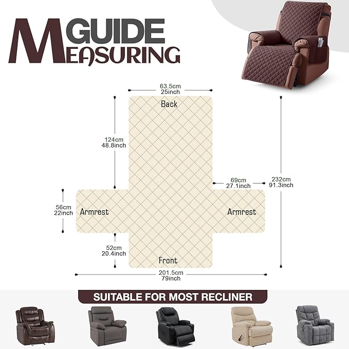 KinCam 100% Waterproof Recliner Chair Cover, Reclining Couch Covers for Pets, Dogs, Recliner Couch Slipcover Furniture Protector with Elastic Straps for Kids(25", Coffee)
