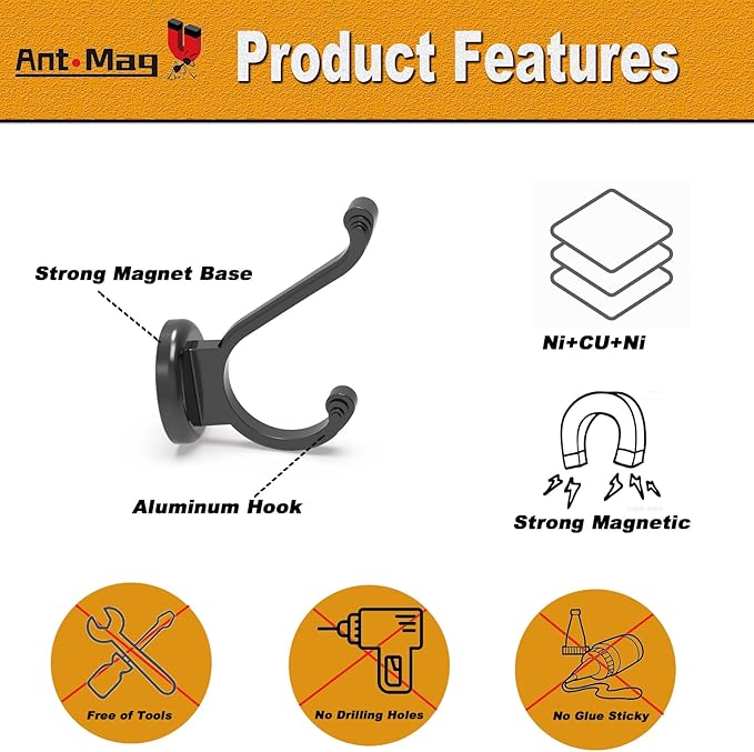 Ant Mag Magnetic Hooks Heavy Duty 140lbs Neodymium Magnet Wall Hooks for Hanging Coats Robes Backpacks Bags Hats Keys Mugs Cups Towels Pack of 4