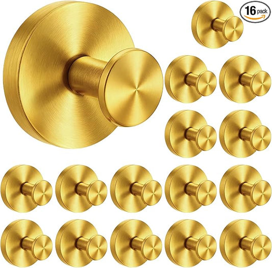 Suction Cup Hook for Shower, 16 Pack Wall Mount Towel Holder, Removable Towel Hook - Stainless Steel No Drill Hook for Bathroom Window Glass Door Wall Home Kitchen Gold