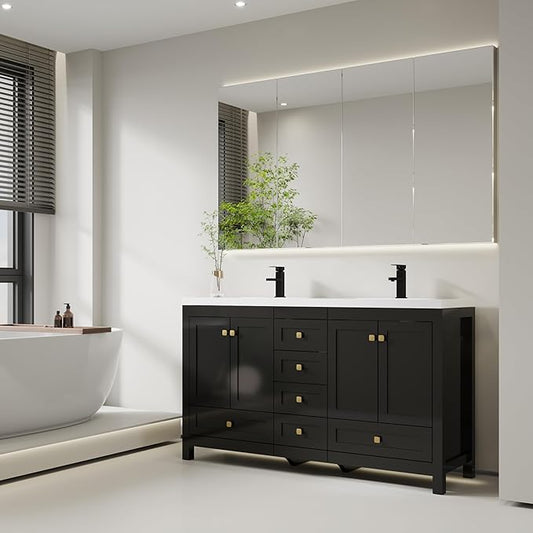 eclife 60" Bathroom Vanities with Sink Combo, Modern Thickened Wood Bathroom Storage Cabinet w/Undermount Double Sink, Matte Black Faucet Drain, Painted Surface, Black