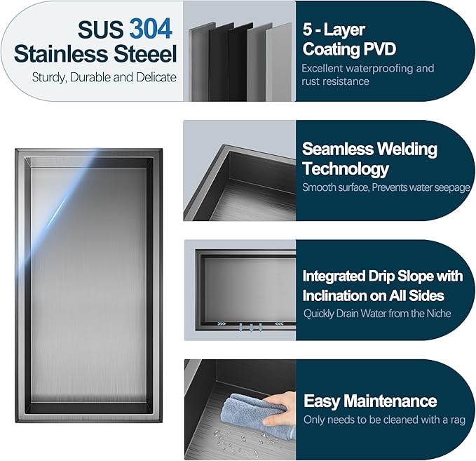 24" X 12" Shower Niche No Tile Needed, 304 Stainless Steel Recessed Wall Niche, Built-in Wall Niche Insert for Bathroom, Kitchen, Entryway, or Living Room, Gunmetal Gray