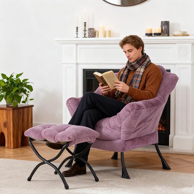 Welnow Lazy Chair with Ottoman, Modern Lounge Accent Chair with Armrests and a Side Pocket, Leisure Sofa Armchair Set, Reading Armchair with Footrest for Small Space, Plush Purple