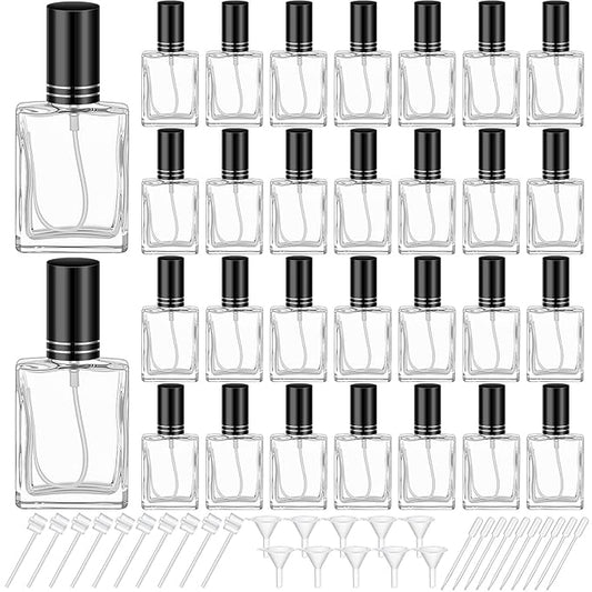 Domensi 30 Pcs 30 ml Glass Perfume Bottles Mini Glass Empty Spray Atomizer Bottles Bulk Refillable Small Perfume Dispenser Container with Pump Tool for Travel Plants Hair Cleaning Skin Care(Black)