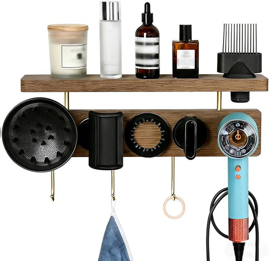 Affogato Hair Dryer Holder Wall Mount Compatible with Dyson Supersonic, Blow Dryer Accessories and Attachments Organizer Storage Rack, Wood