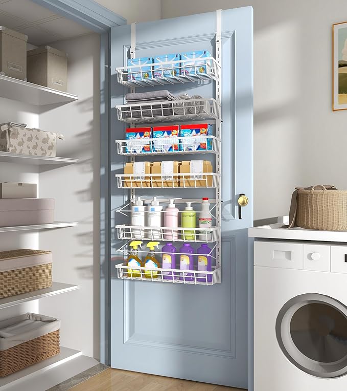 Over The Door Pantry Organizer, Wall Mount Spice Rack, Pantry Hanging Storage and Organization, 6 Adjustable Baskets Heavy-Duty Metal for Home & Kitchen, Back of Door Seasoning Rack - White
