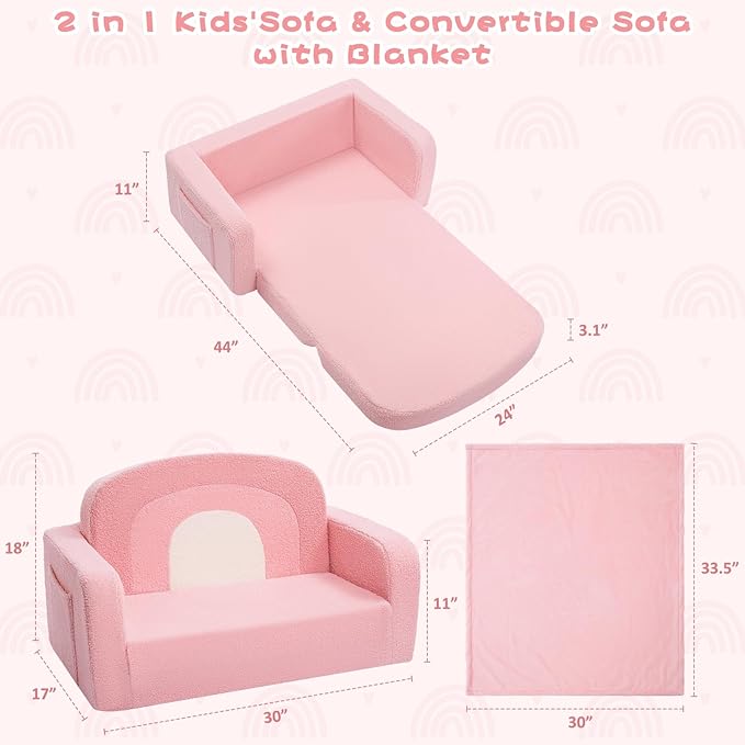 Extra Wide Kids Couch, 2-in-1 Soft Toddler Couch with Blanket, Comfy Toddler Chair, Convertible Sofa with Cute Rainbow Design, Pink