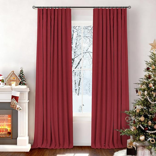 INOVADAY 100% Blackout Curtains for Bedroom, Black Out Curtains 84 Inch Long, Clip Rings Linen Blackout Drapes, Thermal Insulated Room Darkening for Living Room, 2 Panels - Ruby Red,W50xL84