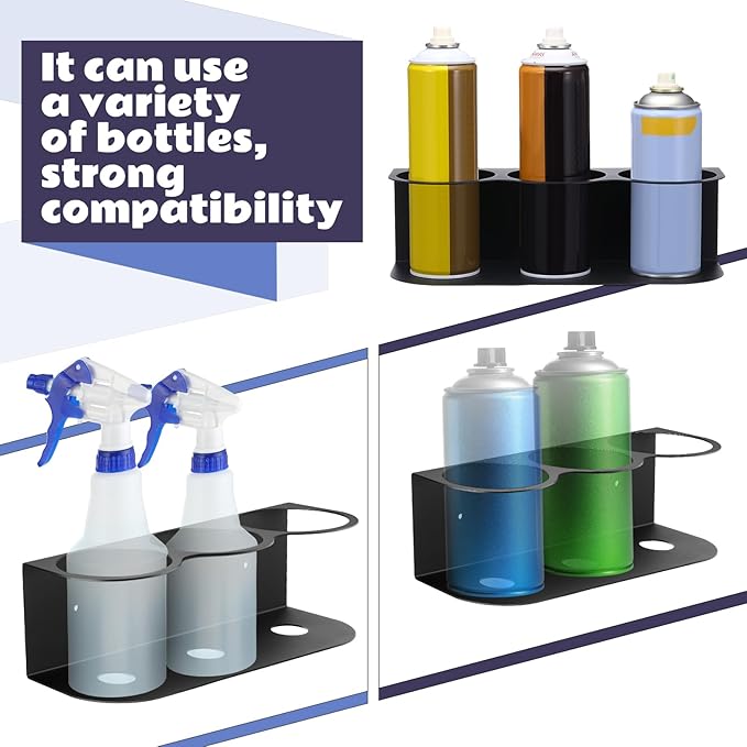 2 Pcs 3 Holes All Purpose Steel Spray Bottle Holder Heavy Duty Can Holder Rack Organizer Easy Install Wall Mount Paint Spray Bottle Organizer Storage Rack for Garage Home Workspace(Black)