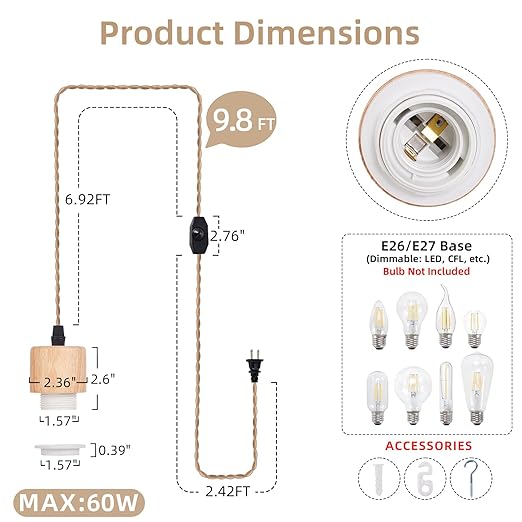 Arturesthome 9.8FT- Pendant Light Cord Kit with Dimmable Switch Vintage Lamp Twisted Nylon Cord E26 E27 Lights Socket for Farmhouse Lamp Cable DIY