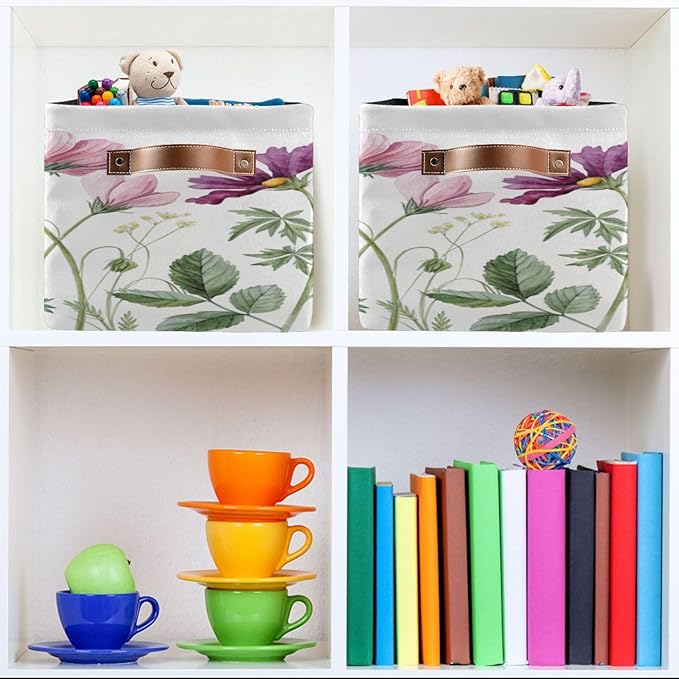 xigua Storage Basket Elegant Wildflowers Storage Bin with Handle, Large Storage Cube Collapsible for Shelves Closet Bedroom Living Room 2PCS