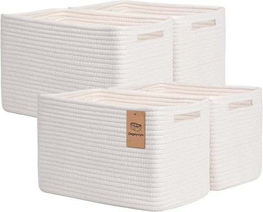 Storage Baskets for Organizing, 4 Pack Baskets for Shelves, Decorative Storage Bins for Shelves, Cotton Rope Storage Basket with Handles, Woven Basket for Storage, 13''Lx8.7''Wx7.9''H, White
