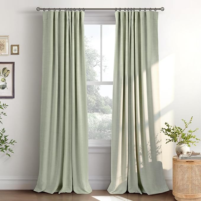 INOVADAY 100% Blackout Curtains for Bedroom, Black Out Curtains 90 Inch Long, Clip Rings Linen Blackout Drapes, Thermal Insulated Room Darkening for Living Room, 2 Panels - Sage,W50xL90