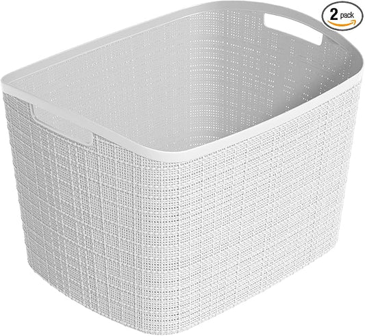 Curver Set of 2 XL 30.5L Jute Decorative Plastic Organization and Storage Baskets - Perfect Bins for Home Office, Closet Shelves, Kitchen Pantry and All Bedroom Essentials, White