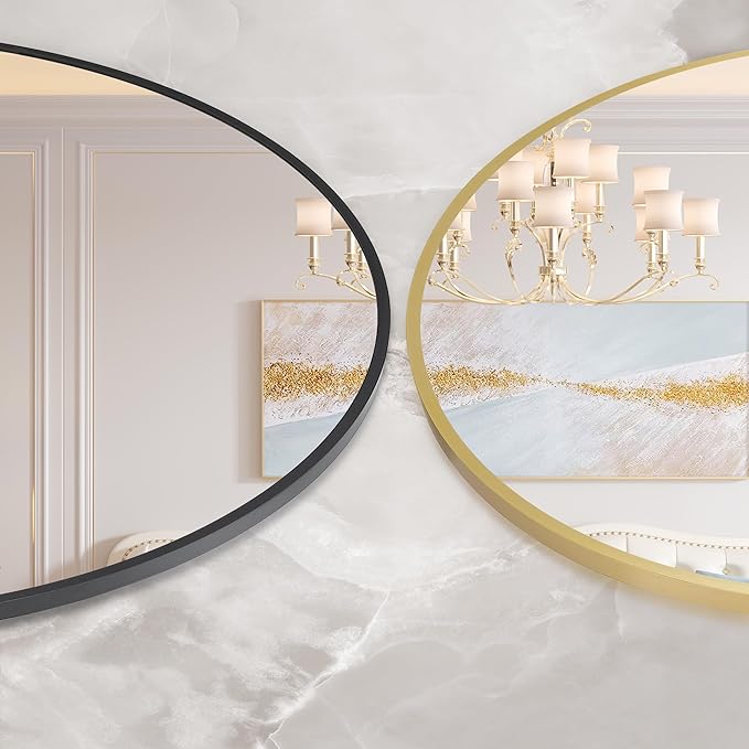 24 in Round Mirror for Wall, Gold Metal Frame Circle Mirror, Round Bathroom Mirror for Wall Decor, Mirror for Entryway, Vanity, Bedroom, Easy to Install