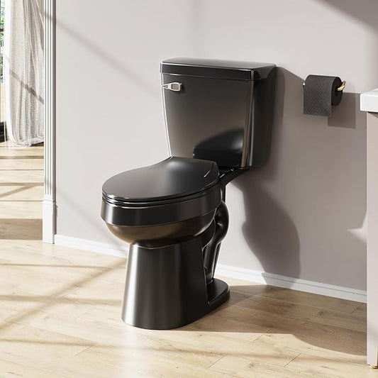 ELLAI Two Piece Elongated Toilets ADA Chair Comfort Height 16.5" Powerful Single Flush 1.28 GPF 12” Rough In with Side Trip Lever, Glossy Black 28.3"x17.2“x31"