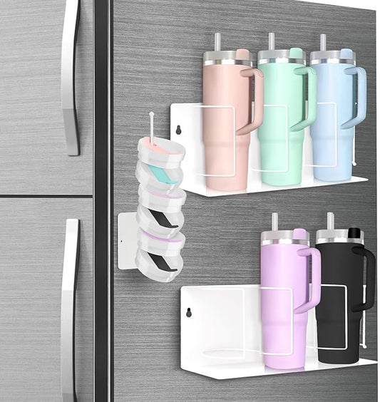 Magnetic Cup Holder for Fridge Water Bottle Organizer for Cabinet, 2Pcs Magnetic Cup Holder Heavy Duty with Tumbler Lid Organizer for 20oz 30oz 40oz Cup Accessories Storage (White)
