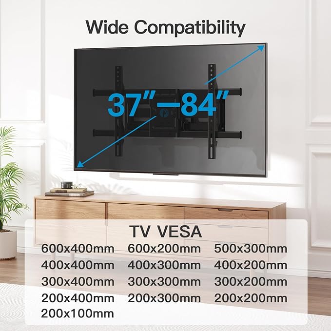 Pipishell Full Motion TV Wall Mount for Most 37-84 Inch TVs up to 132lbs, Wall Mount TV Bracket Articulating Swivel Tilt Extension Leveling Max VESA 600x400mm Fits 12/16" Wood Stud, PILFK1