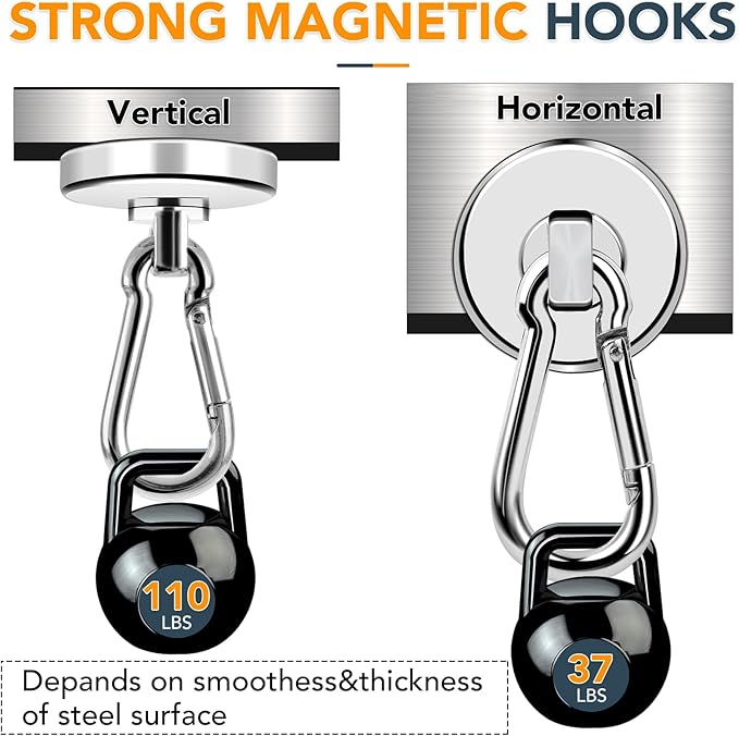 MIKEDE Magnetic Hooks Heavy Duty, 110LBS+ Strong Neodymium Magnets with Swivel Carabiner Hook, Magnets with Hooks Magnetic Hangers for Locker, Kitchen, Cruise Cabin, Office - 10 Pack