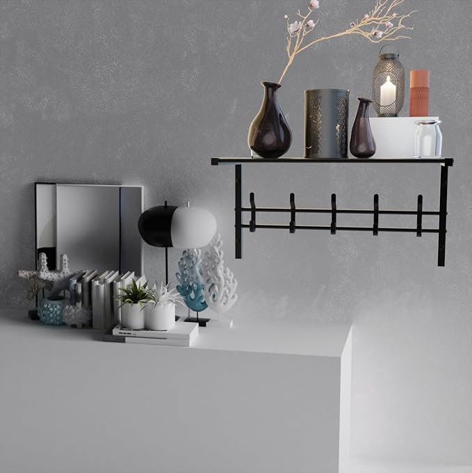 Wall Mount Coat Rack with Shelf and Adjustable Hooks - Entryway Towel Organizer for Bag and Hangers (Black, 24x12 inch)